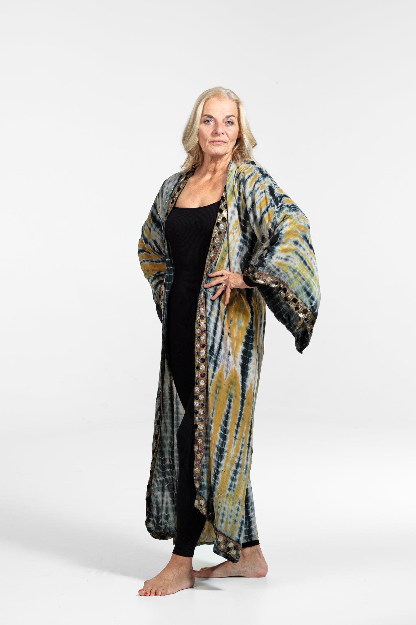 Gaia Kimono Senf-Grau-Weiß-Schwarz mit Bordüre