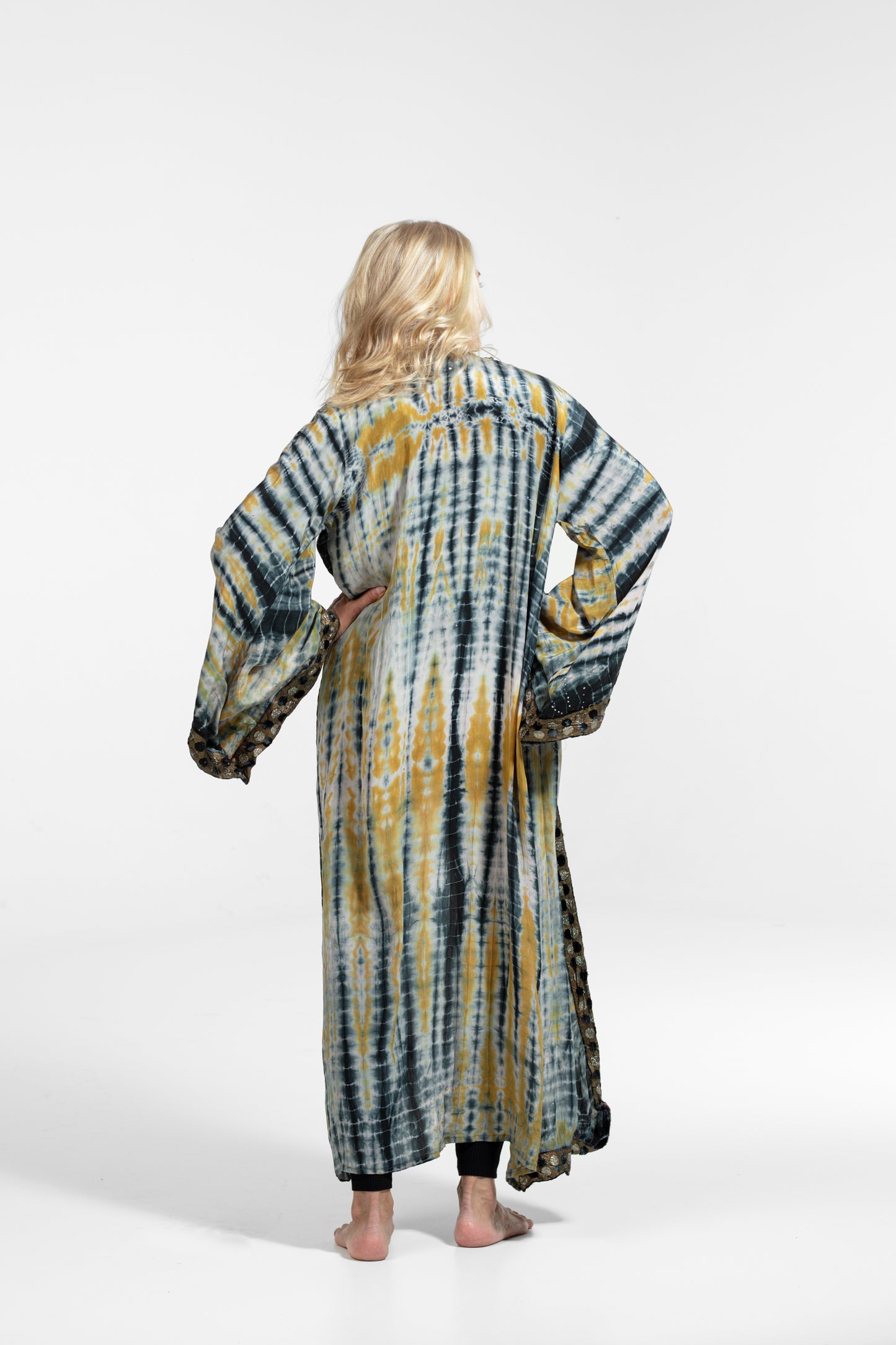 Gaia Kimono Senf-Grau-Weiß-Schwarz mit Bordüre