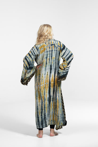 Gaia Kimono Senf-Grau-Weiß-Schwarz mit Bordüre