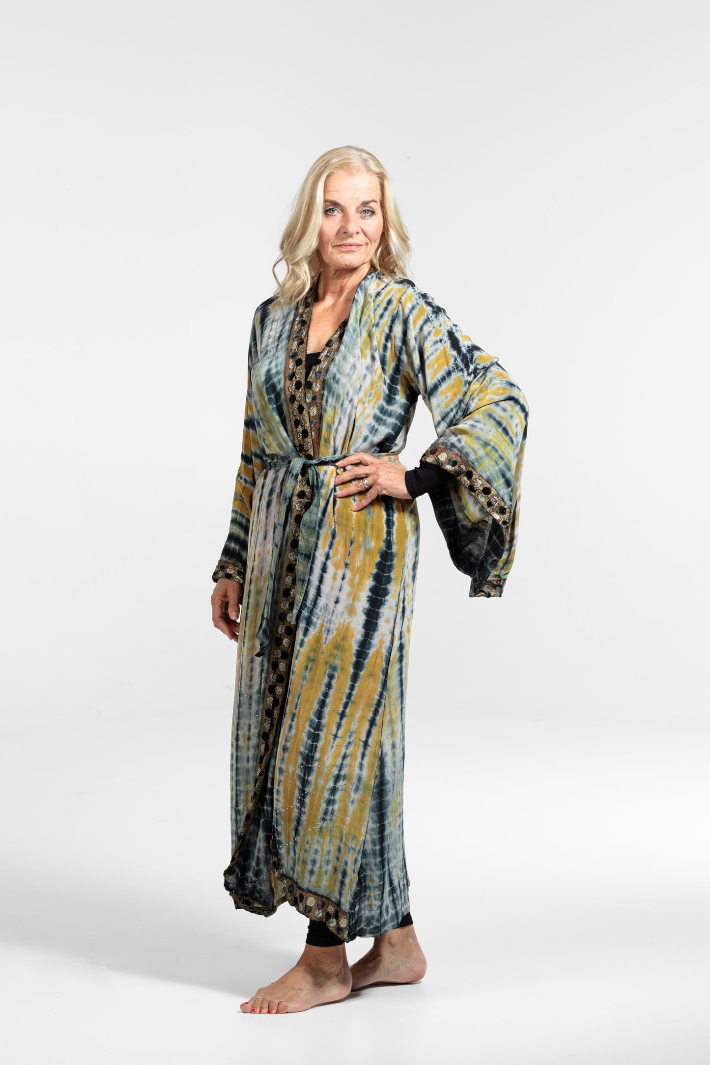 Gaia Kimono Senf-Grau-Weiß-Schwarz mit Bordüre