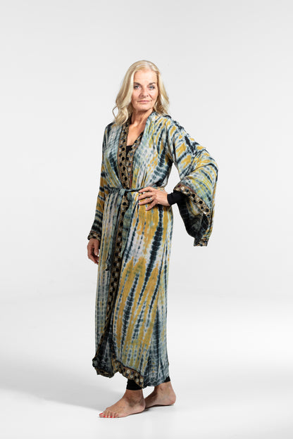 Gaia Kimono Senf-Grau-Weiß-Schwarz mit Bordüre