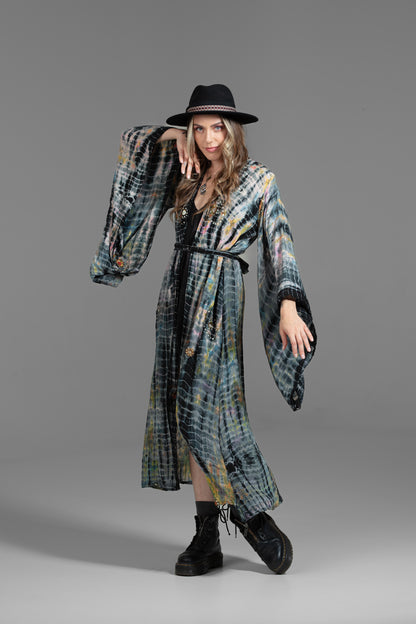 Gaia Kimono orange-grau-rosa-schwarz mit Perlen