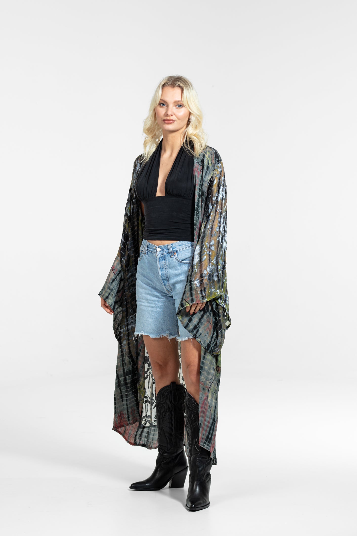 Gaia Kimono rot-senf-silber-schwarz teilweise transparent