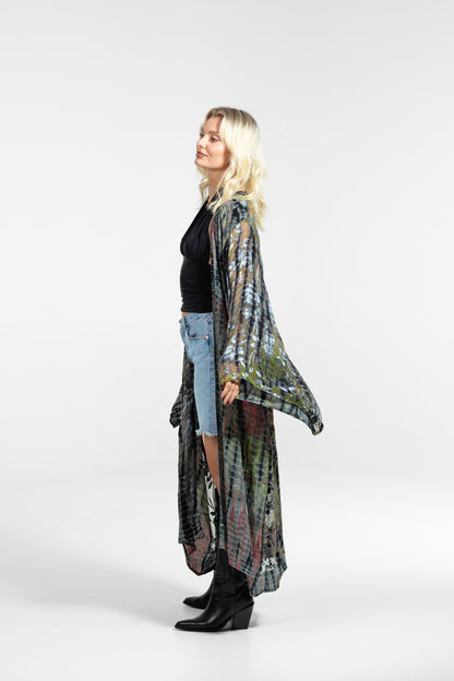 Gaia Kimono rot-senf-silber-schwarz teilweise transparent
