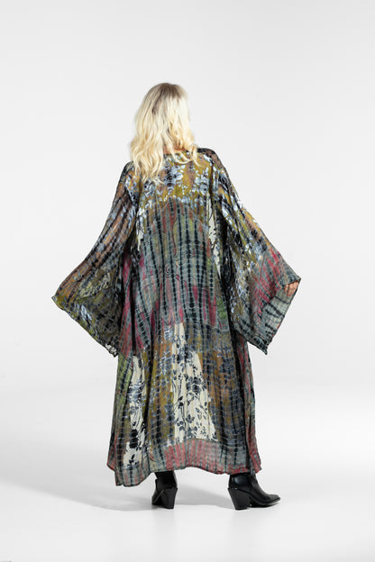 Gaia Kimono rot-senf-silber-schwarz teilweise transparent