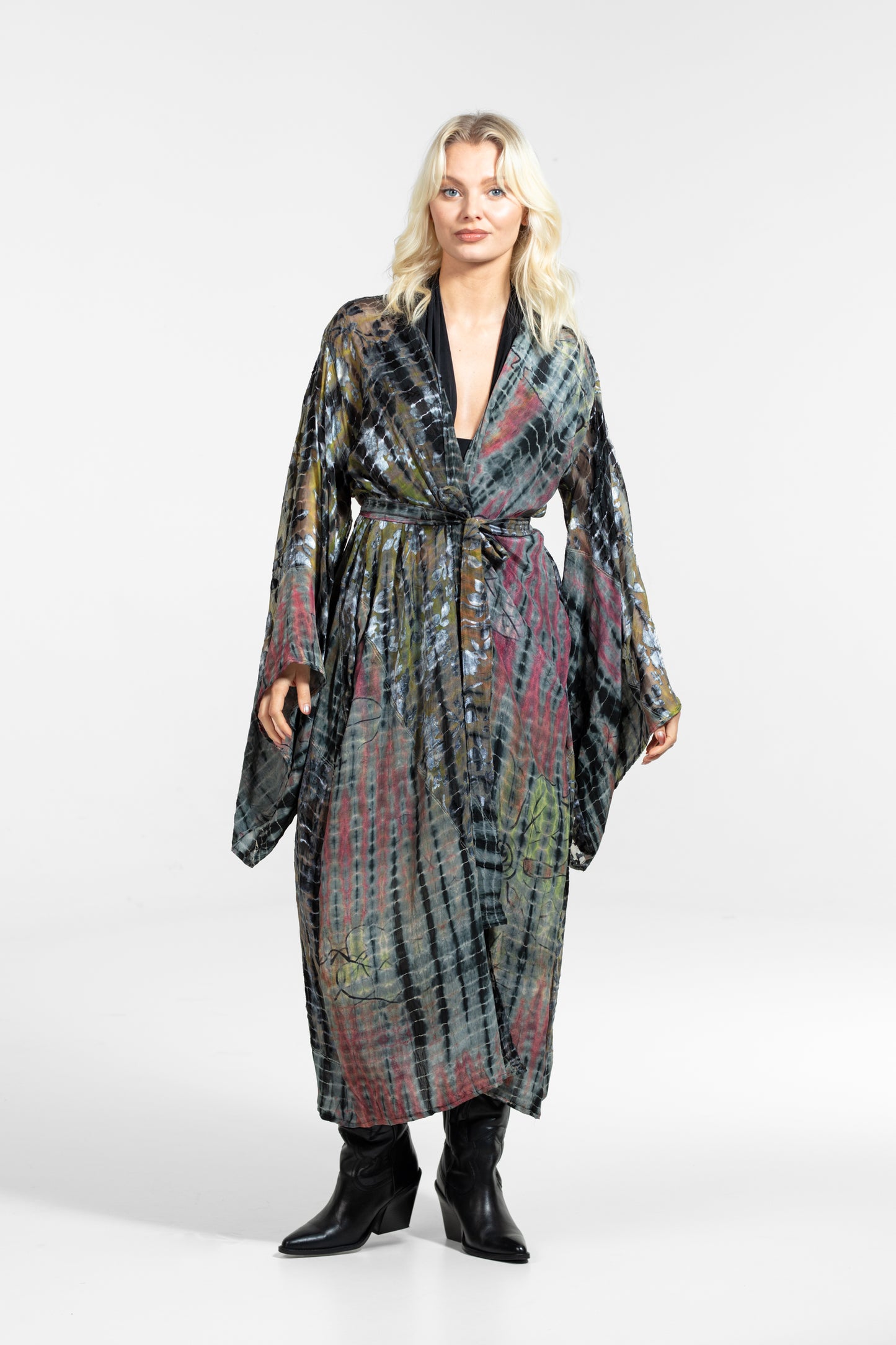 Gaia Kimono rot-senf-silber-schwarz teilweise transparent