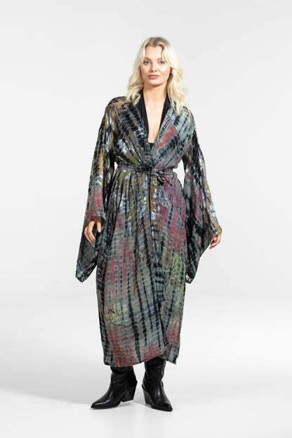 Gaia Kimono rot-senf-silber-schwarz teilweise transparent