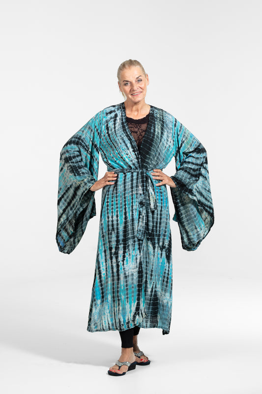 OYA Studio Gaia Kimono – Handcrafted Luxury in Recycled Saree Silk, Grounding Frequency, blue-turquoise-black