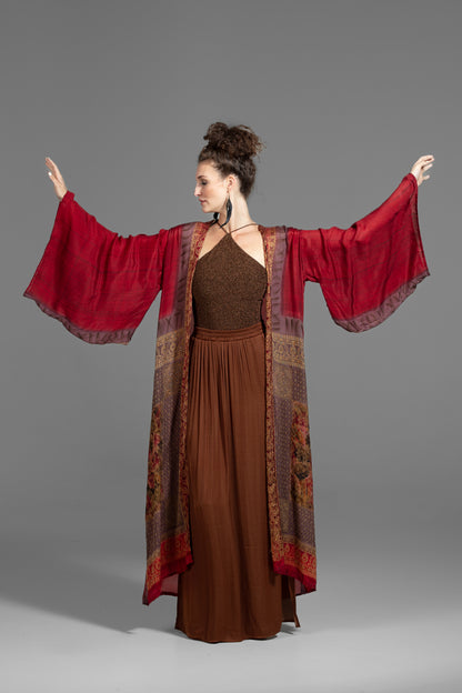 Devi Kimono rot-beige und gemustert