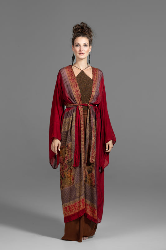 Devi Kimono rot-beige und gemustert