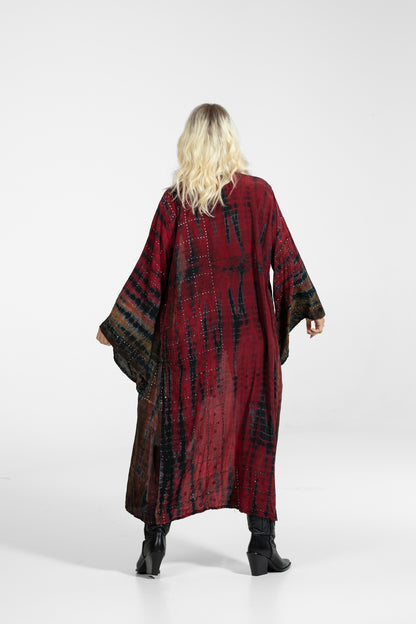 OYA Studio Gaia Kimono – Grounding Frequency, asymmetrical sequins, red-beige-black