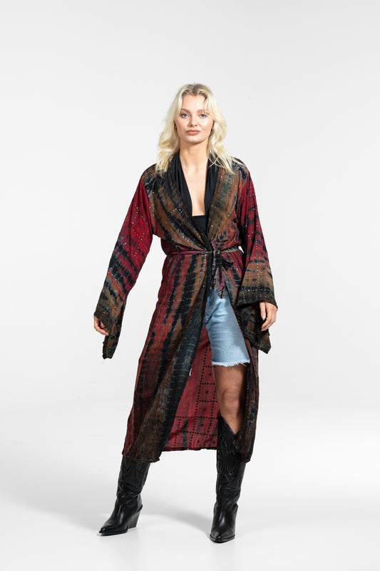 Gaia Kimono asymmetrische Pailletten rot-beige-schwarz