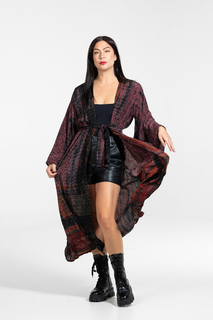 Gaia Kimono gemustert mit asymmetrischen Pailletten bordeaux-schwarz