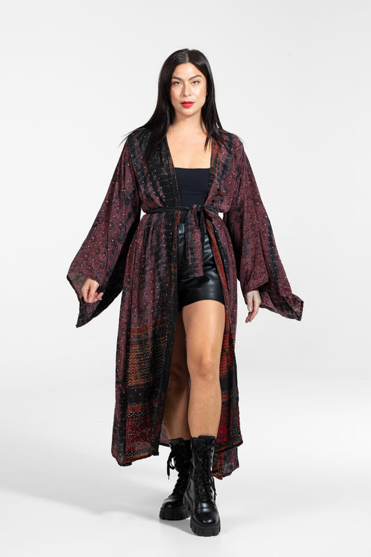 Gaia Kimono patterned asymmetrical sequins bordeaux-black