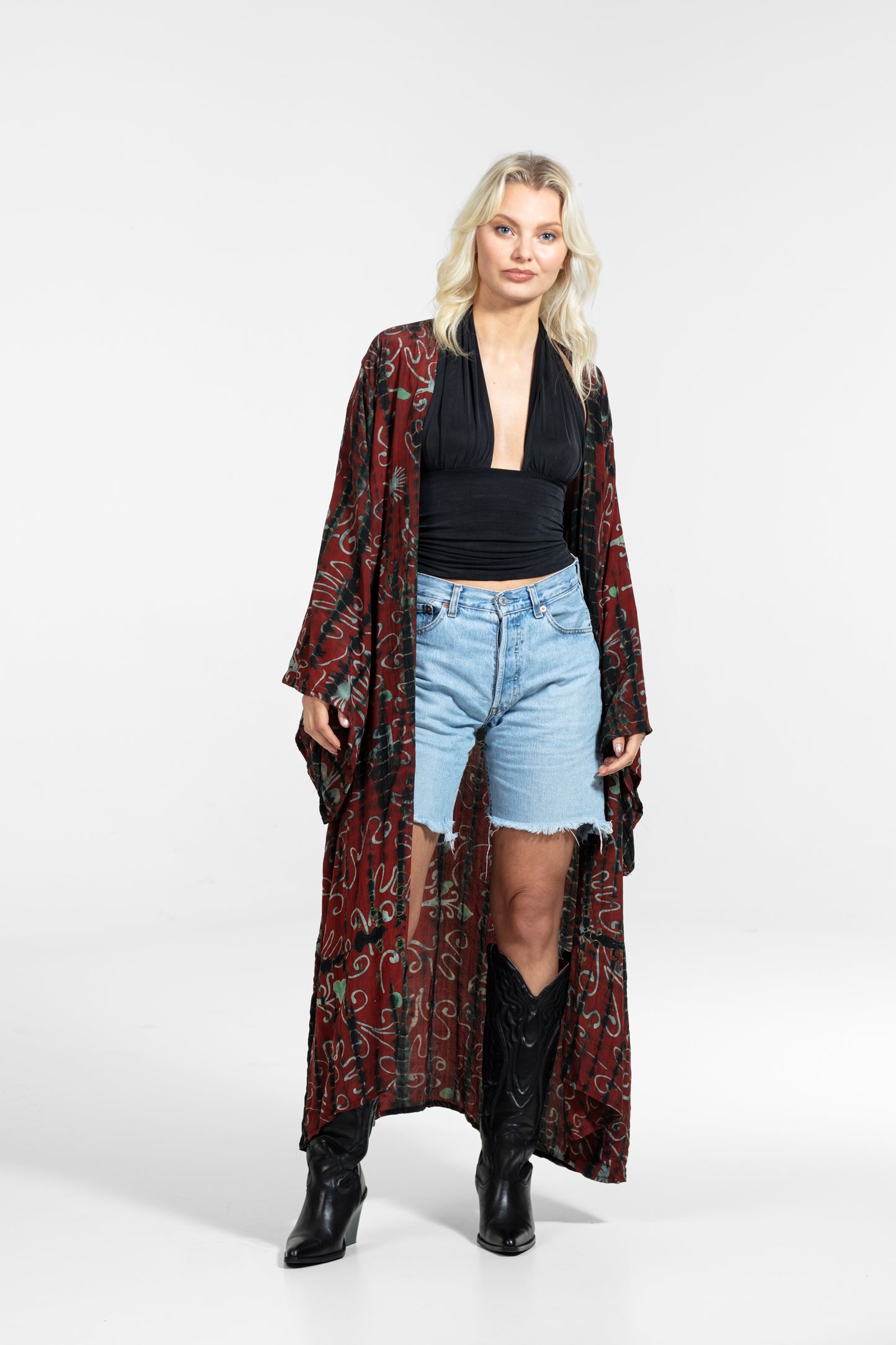 Gaia Kimono gemustert Mint-Rot-Schwarz
