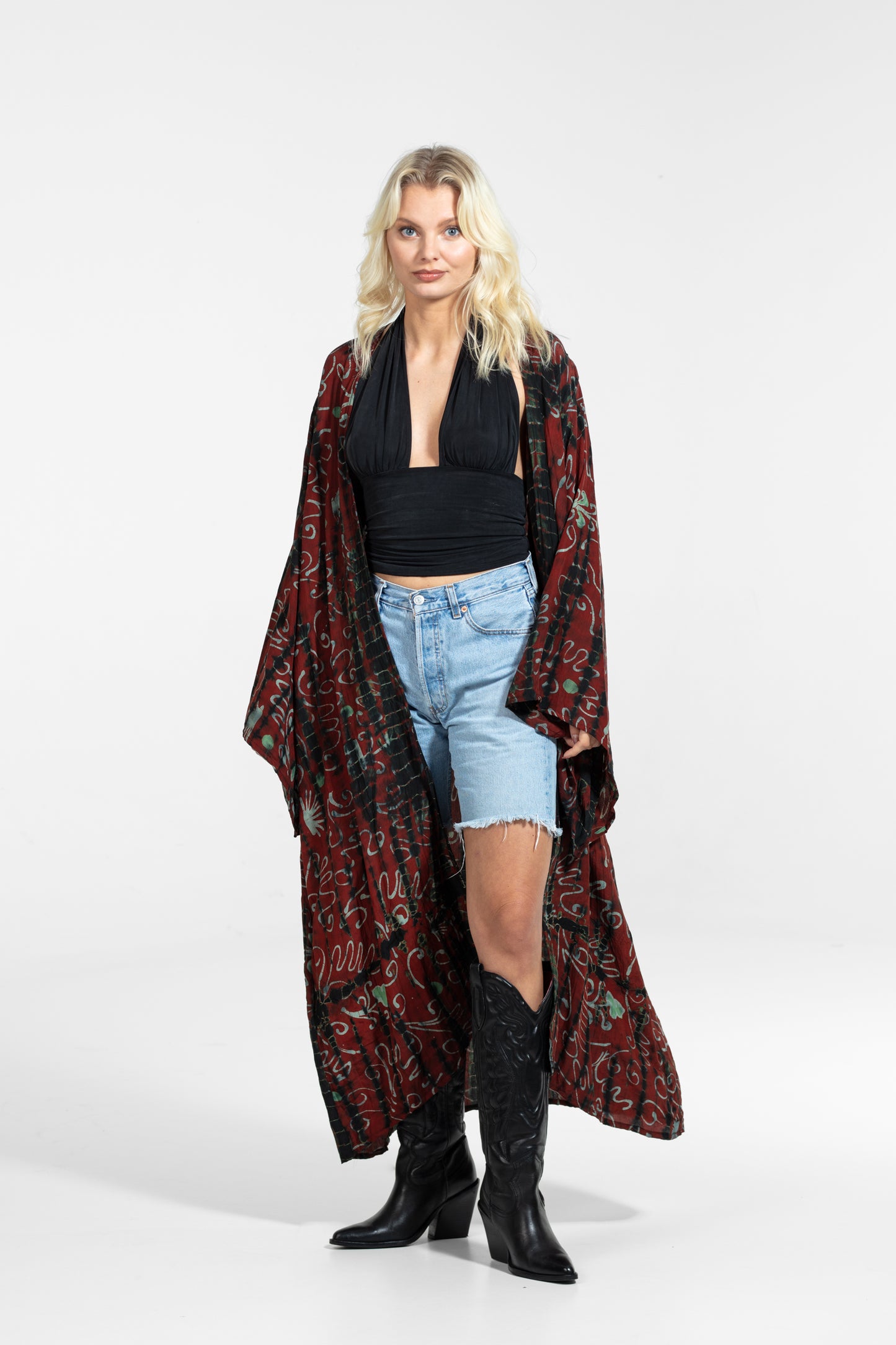 Gaia Kimono gemustert Mint-Rot-Schwarz