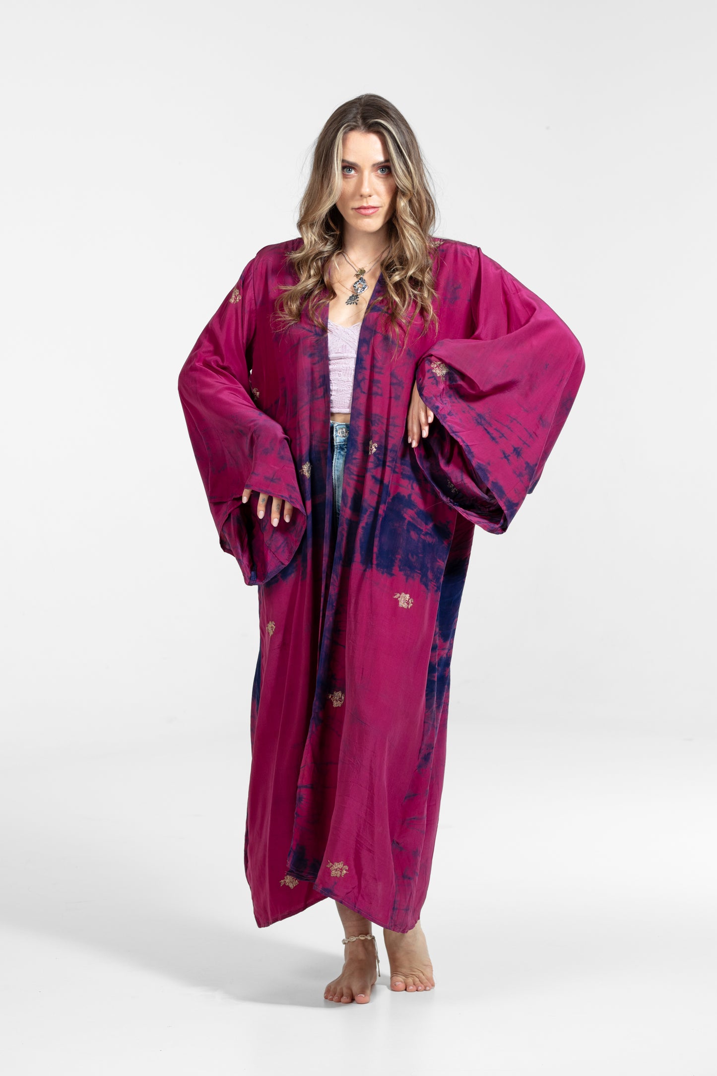 Freya Kimono goldene Stickereien rosa-blau