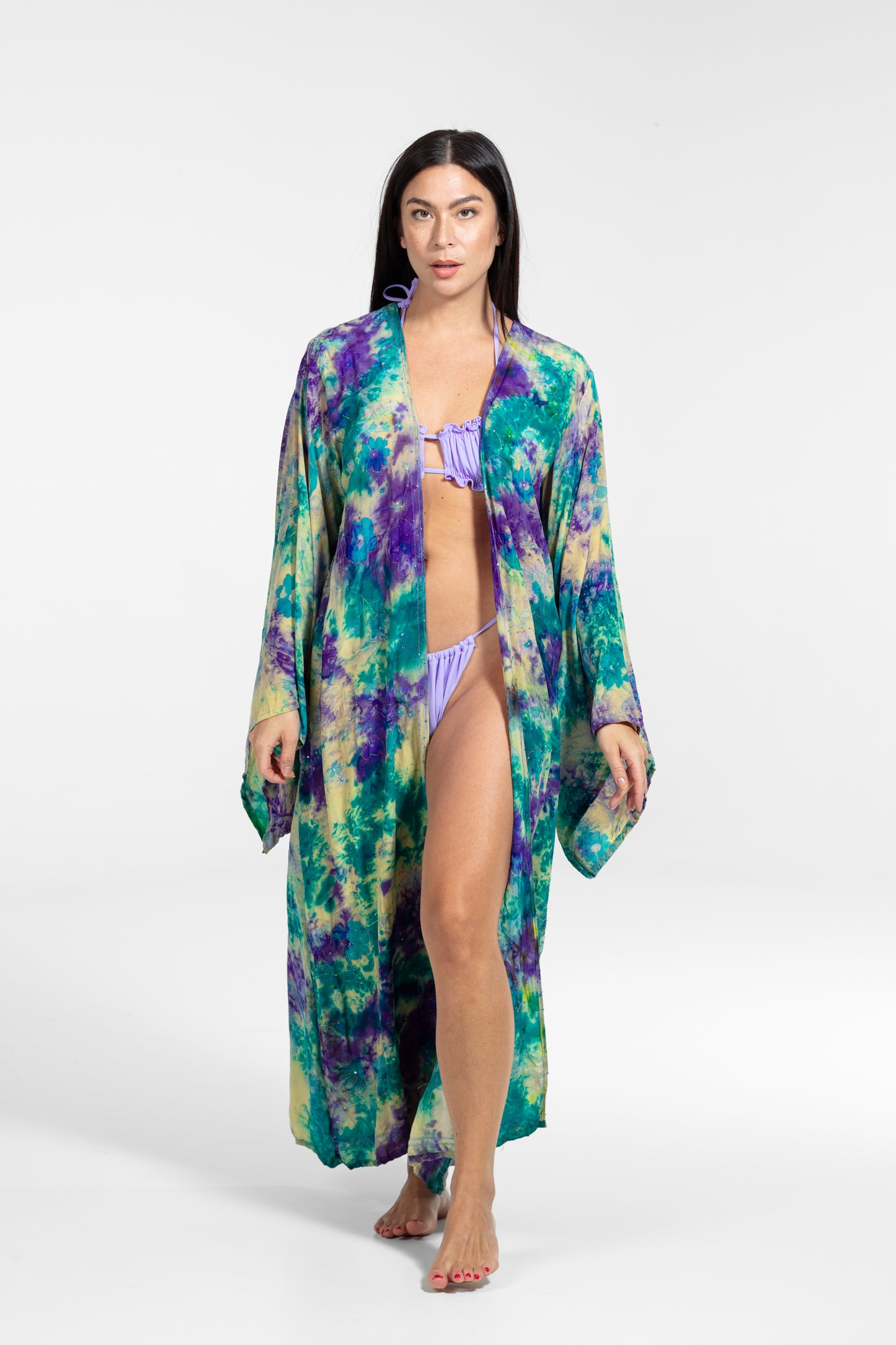 Aura Kimono flower embroideries green-purple