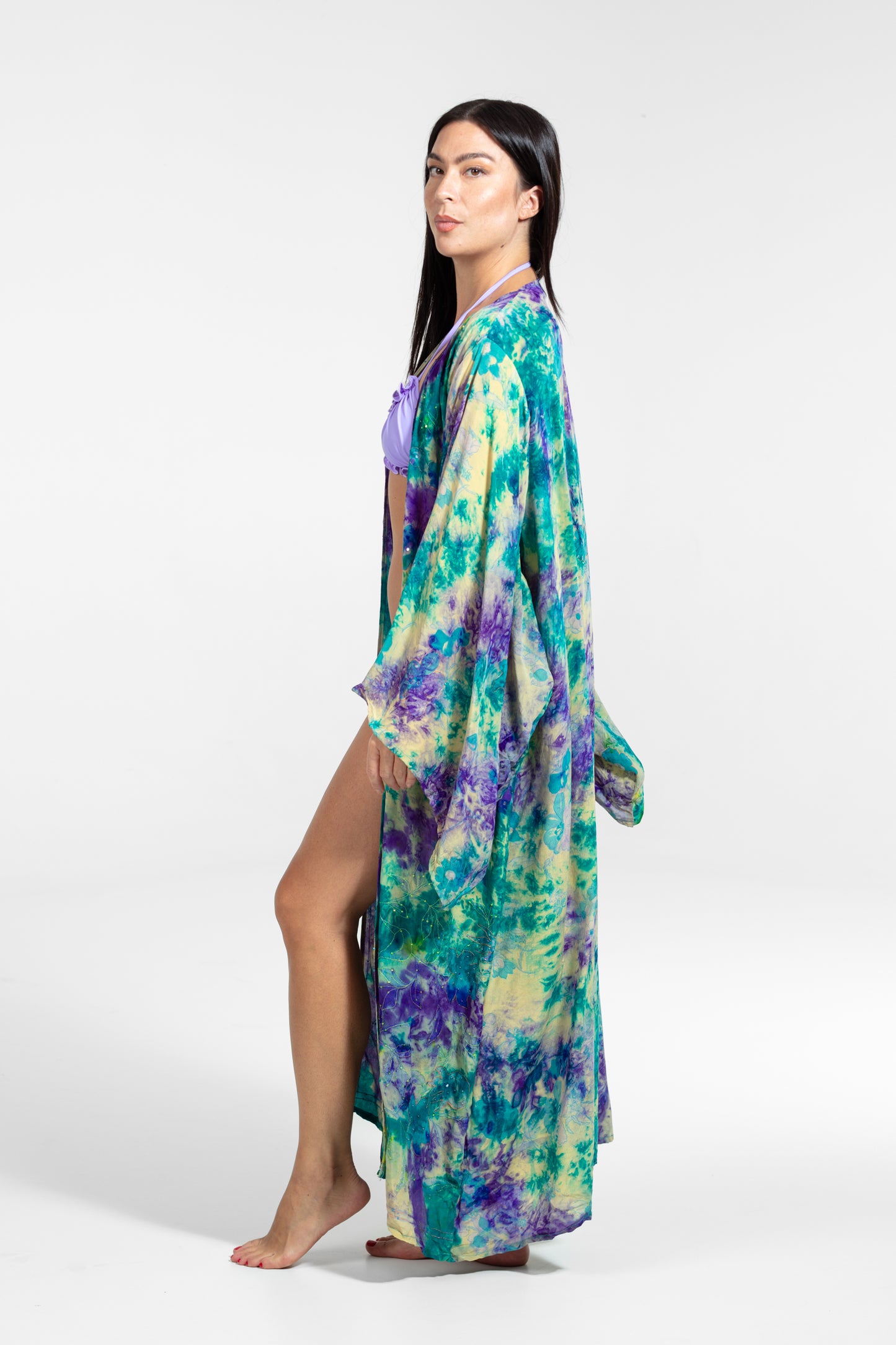 Aura Kimono flower embroideries green-purple