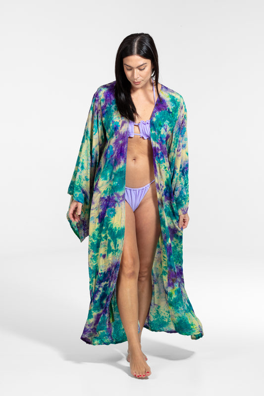 Aura Kimono Blumenstickereien grün-lila