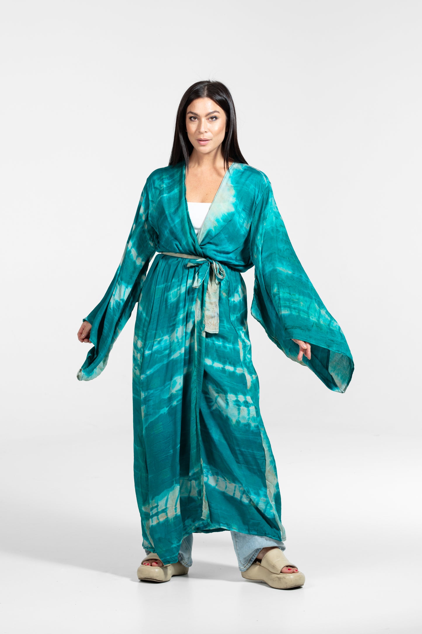 Freya Kimono Smaragdgrün-Weiß