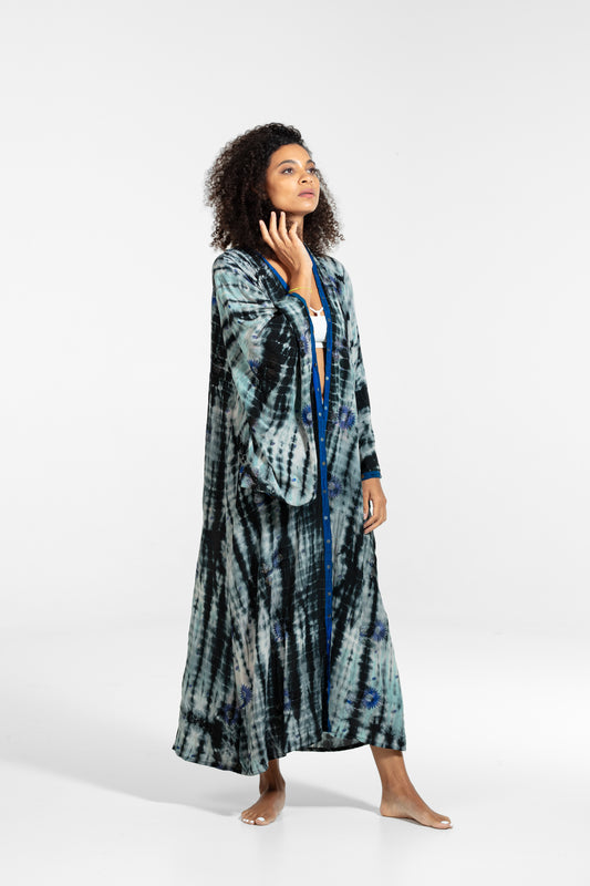 OYA Studio Gaia Kimono – Grounding Frequency, blue-white-black flower, embroideries and sequins