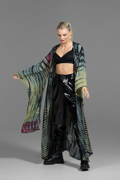 Gaia Kimono blau-grün-schwarz mit japanischen langen Ärmeln