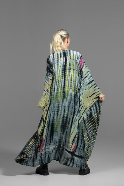 Gaia Kimono blau-grün-schwarz mit japanischen langen Ärmeln