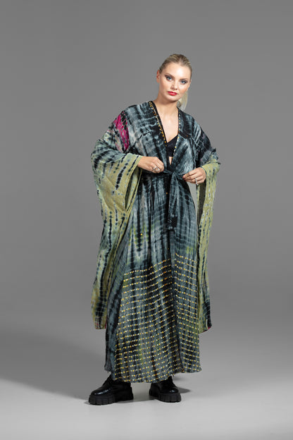 Gaia Kimono blau-grün-schwarz mit japanischen langen Ärmeln